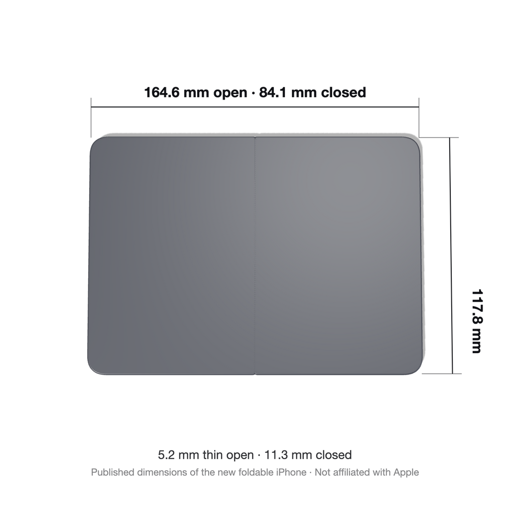 PocketFold dimensions: 164.6 mm open, 84.1 mm closed, 117.8 mm tall, 5.2 mm open and 11.3 mm closed